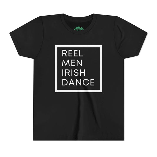 Black t-shirt with 'REEL MEN IRISH DANCE' text on a white background, Gift for male Irish Dancer, Gift for Boy Irish Dancer
