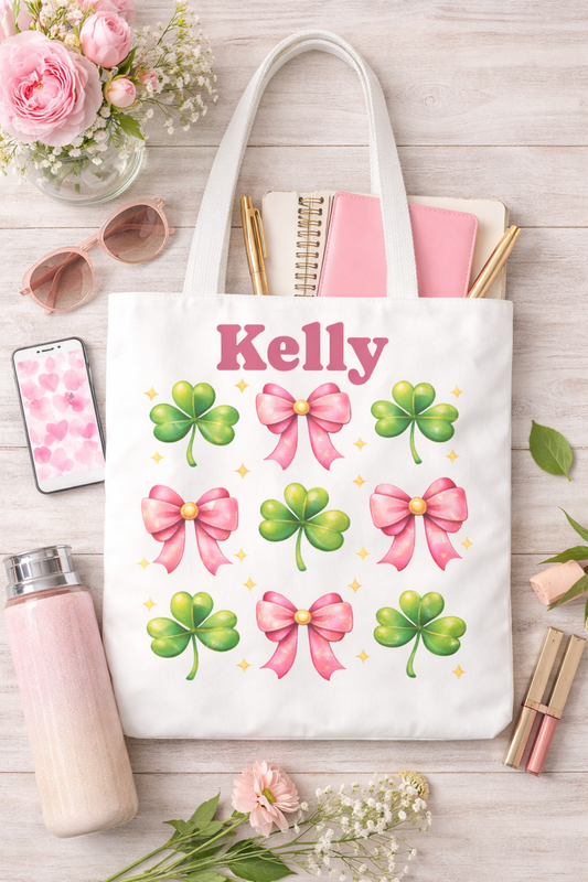 Pink Ribbon and Shamrock Pattern Tote Bag | Personalized Name Option