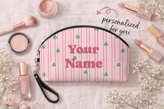 custom Makeup Bag - Pink Stripes & Shamrocks with Personalized Name