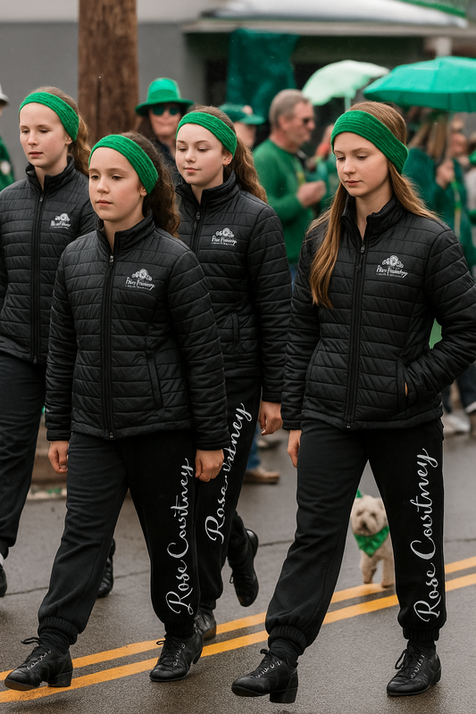 custom Irish dance team jackets for competition, Rose Courtney Packable Puffy Jacket, spirit wear for Irish dancers with school logo