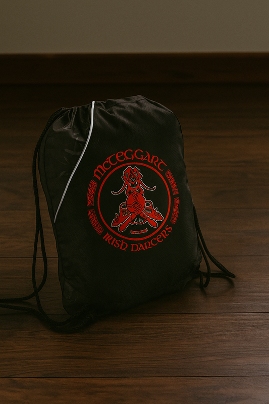 Dance Bag, Cinch Bag, Irish Dance Bag, McTeggart Bag, custom Irish dance merch, spirit wear for Irish dancers with school logo,