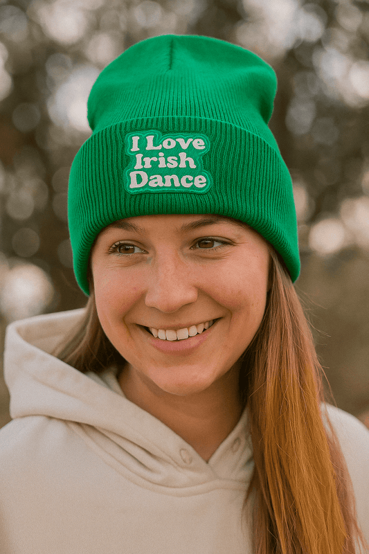 Irish Dance Beannie, Kelly Green Irish Dance Beanie, I Love Irish Dance Hat, Embroidered Irish Dance Beanie, St. Patrick’s Day, Dance Accessories, Green Beanie for Irish Dancers, Irish Dance Gift Idea