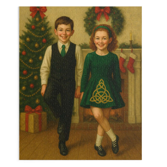 Irish dance puzzle, holiday puzzle gift, Christmas Irish dance décor, cozy family puzzle, cultural Christmas puzzle, Irish dancer holiday gift, Irish dance school fundraiser, puzzle for feis family, soft shoe dancer puzzle, Celtic Christmas gift, Christmas gift for Irish dancers, festive dance puzzle, Irish dance school spirit wear, holiday activity for kids and parents