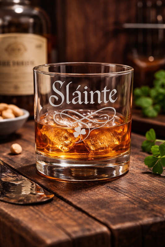 Irish whiskey glass, Sláinte whiskey glass, Celtic whiskey tumbler, engraved Irish whiskey glass, shamrock whiskey glass, Irish gift for husband, Celtic barware glass, personalized Irish whiskey glass, Irish heritage whiskey tumbler, St Patrick’s Day whiskey glass