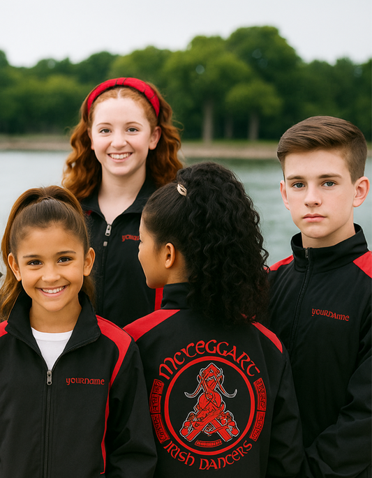 McTeggart School of Irish Dance, McTeggart Jacket, McTeggart Practice gear, Irish Dance Uniform, custom Irish dance team jackets for competition