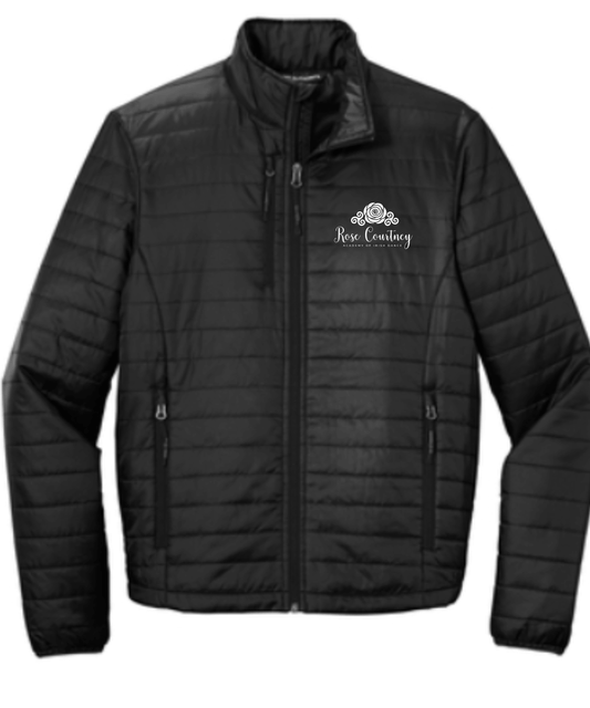 custom Irish dance team jackets for competition, Rose Courtney Packable Puffy Jacket, spirit wear for Irish dancers with school logo, Dance School Merch