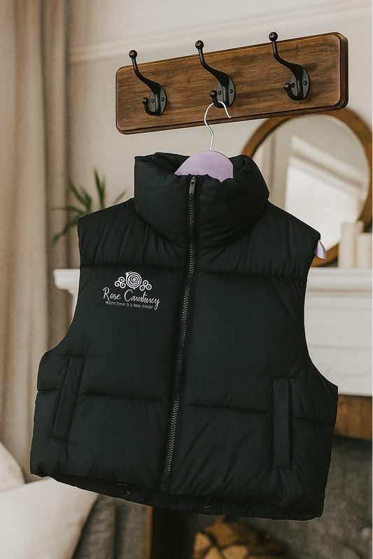 Rose Courtney Puffy Vest, Embroidered Puffy Vest, School Logo, Irish Dance School Gear