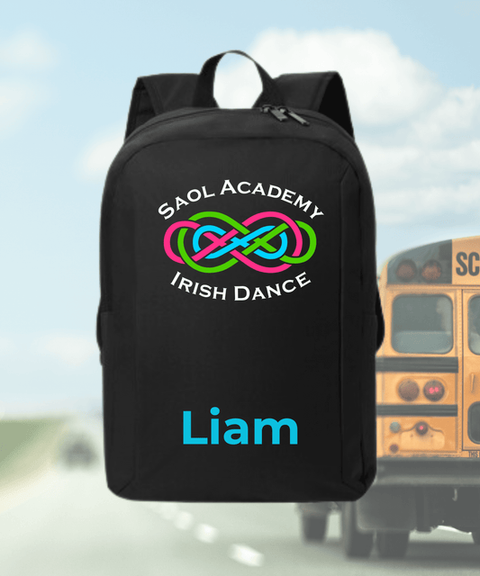 Saol Academy Modern Backpack w/ PersonalizationBackpack,BG231,Dance School Backpack,Irish Dance Backpack,Personalize,Personalized,School BackpackCarry your stuff in style with the Saol Academy Modern Backpack. Its bright logo on the front adds a pop of co