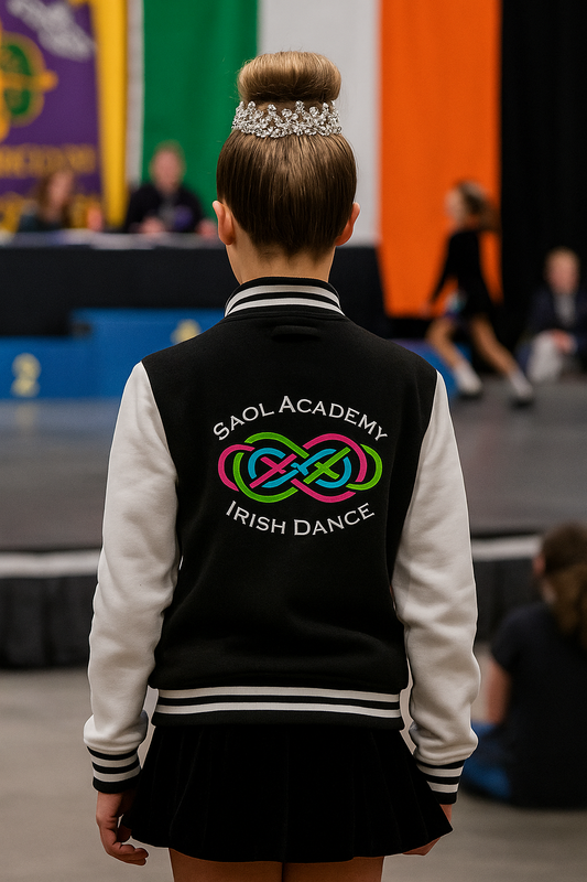 Saol Varsity jacket, Irish Dance gear, irish Dance Spirit Wear, Irish Dance Apparel, custom Irish dance team jackets for competition, Irish Dance Merch