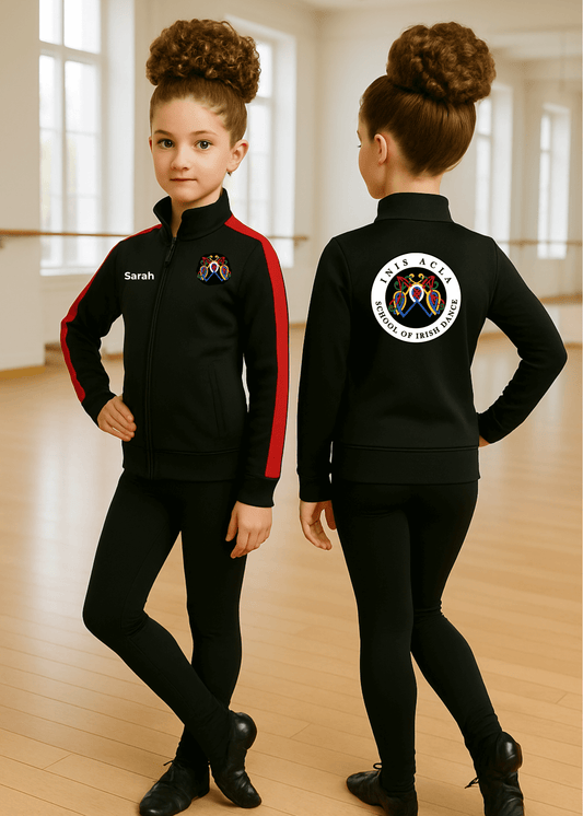 Irish Dance Spirit Wear, Inis Acla Jacket, Irish Dance Team Gear, custom Irish dance team jackets for competition, spirit wear for Irish dancers with school logo