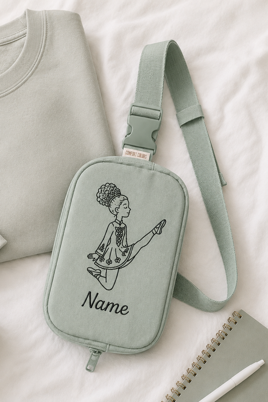 personalized Irish dancer bag, custom Irish dance bag, embroidered Irish dancer sling bag, Irish dance accessories, personalized dance bag, Irish dancer gift, feis travel bag, Irish dance competition bag, custom dancer name bag, Irish dance school gift, dancer sling bag, Irish dance team gear, personalized Irish dance apparel accessories.