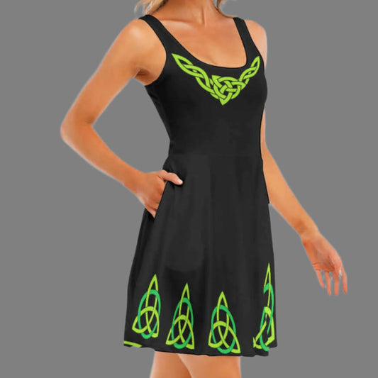 Celtic Women's Sleeveless Dress with pocketsWomen's DressA-line dress,Black and Green Dress,Black Dress,black irish dress,celtic,Celtic Apparel,celtic dress,Celtic Dress with pockets,Celtic knot,Celtic Knot Dress,Celtic Summer Dress,Christmas in July Dres