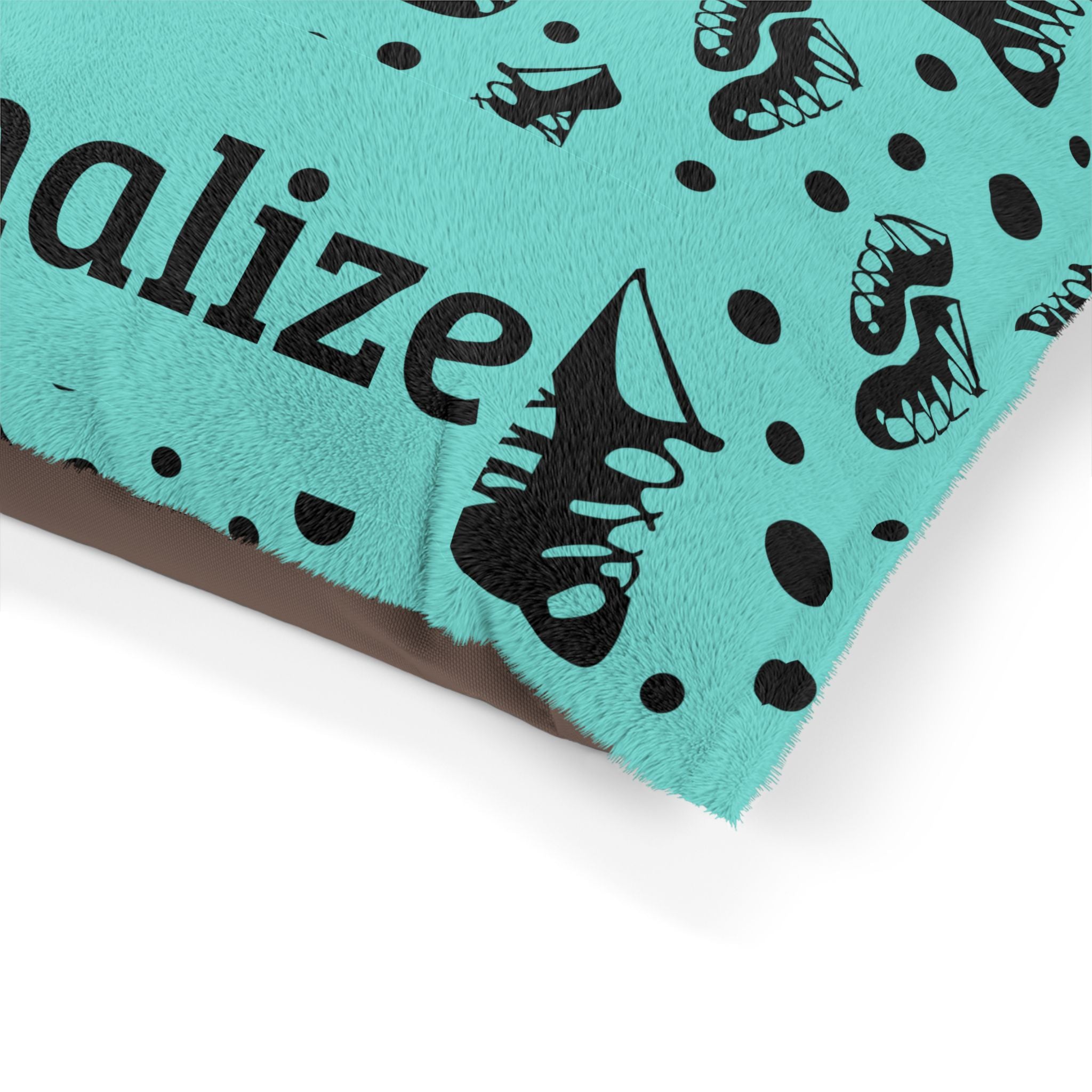 Turquoise Irish dance pet bed with ghillie pattern, side view