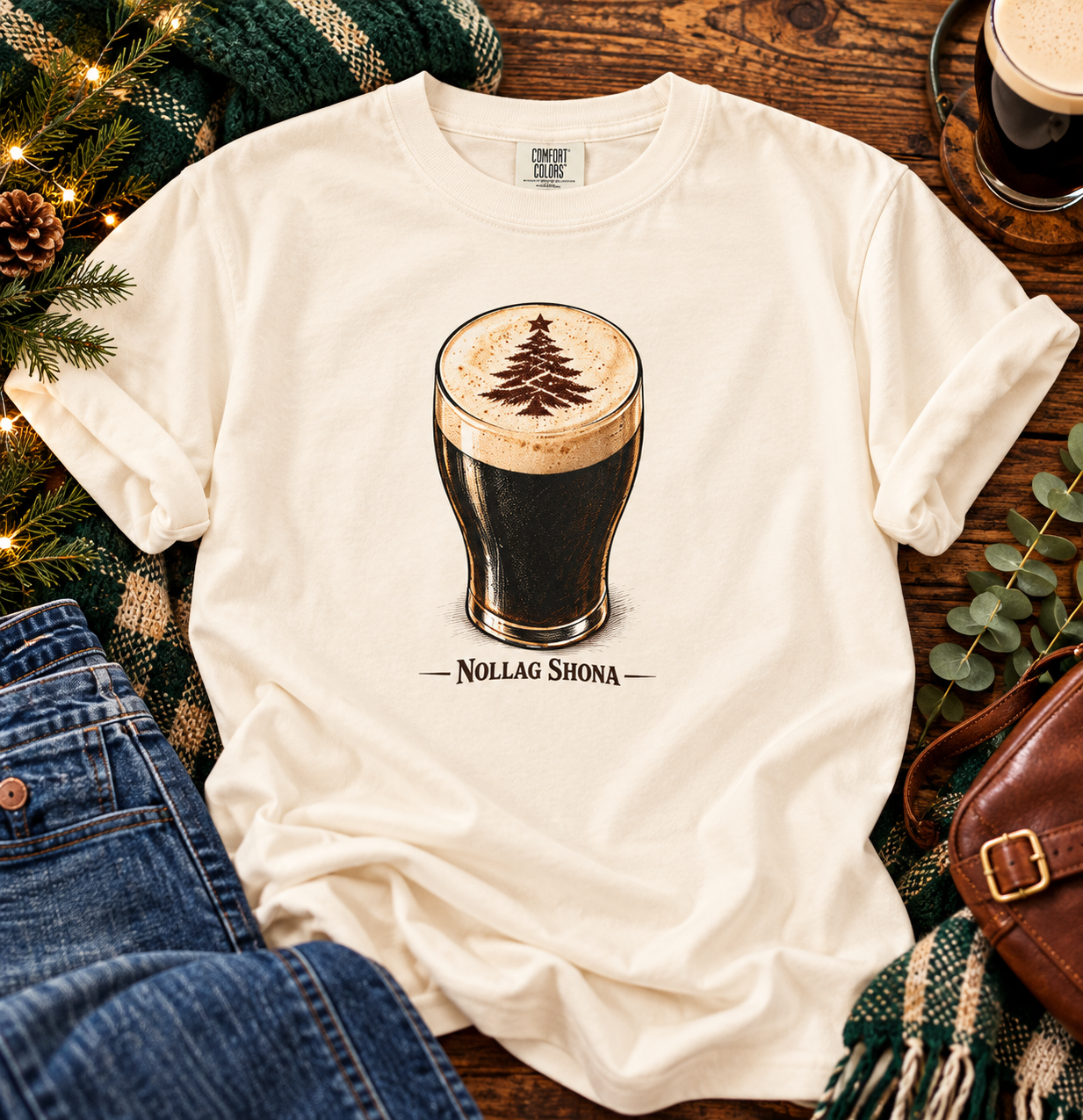 Nollaig Shona Irish Christmas t-shirt in ivory with a pint of stout and a Christmas tree in the foam
