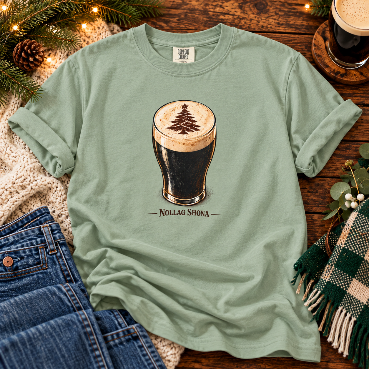 Nollaig Shona Irish Christmas t-shirt in bay green with a festive stout pint design
