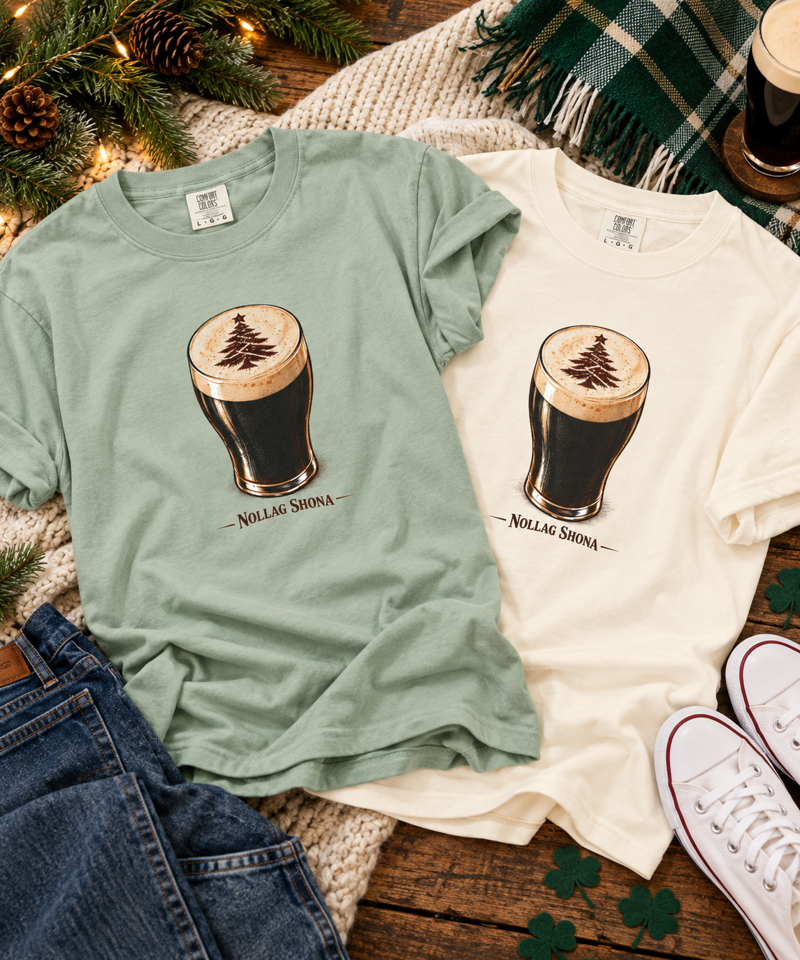 Nollaig Shona Christmas stout tees in ivory and bay green, an Irish Christmas gift for stout lovers