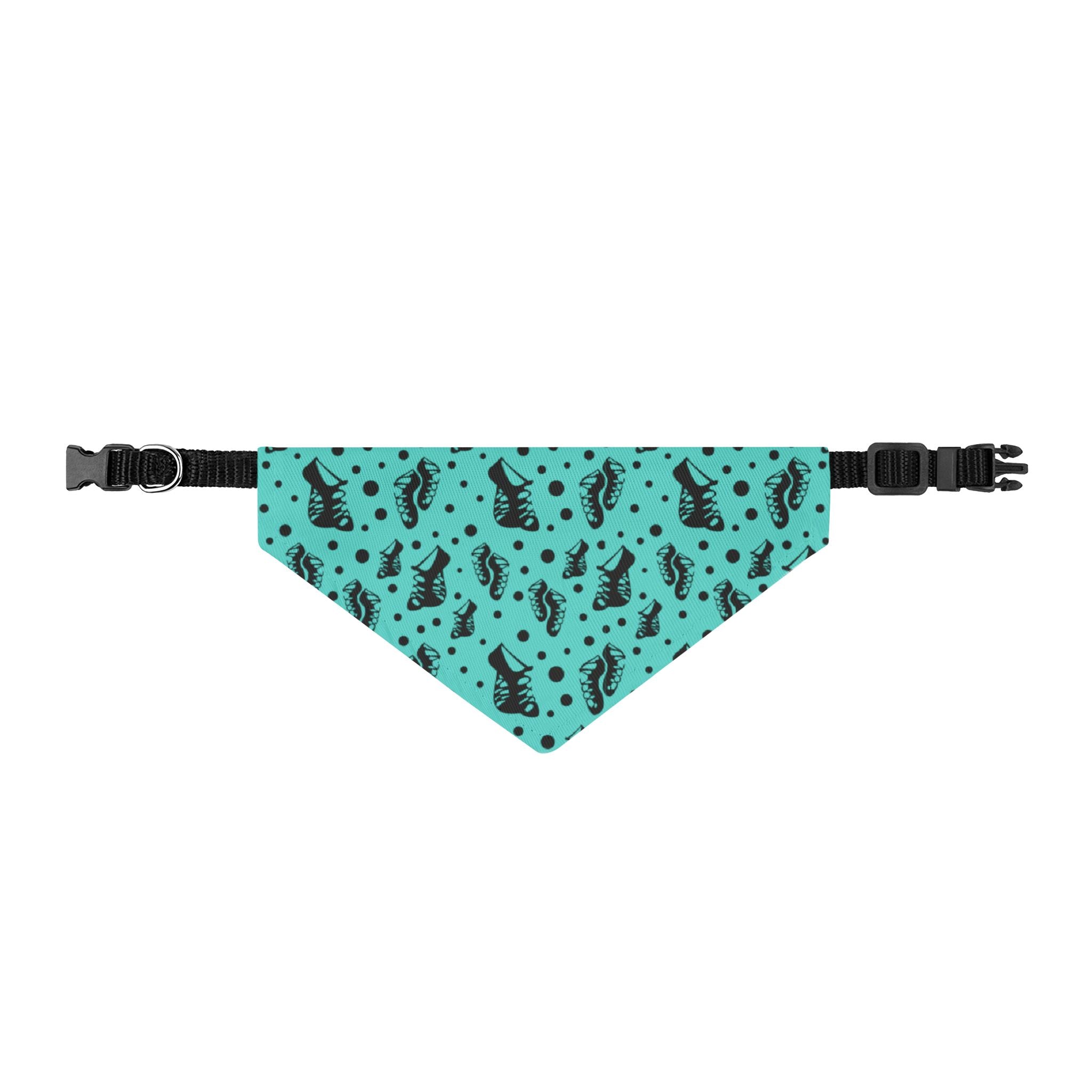 Turquoise Irish dance pet bandana with ghillie soft shoe print and clip-on collar