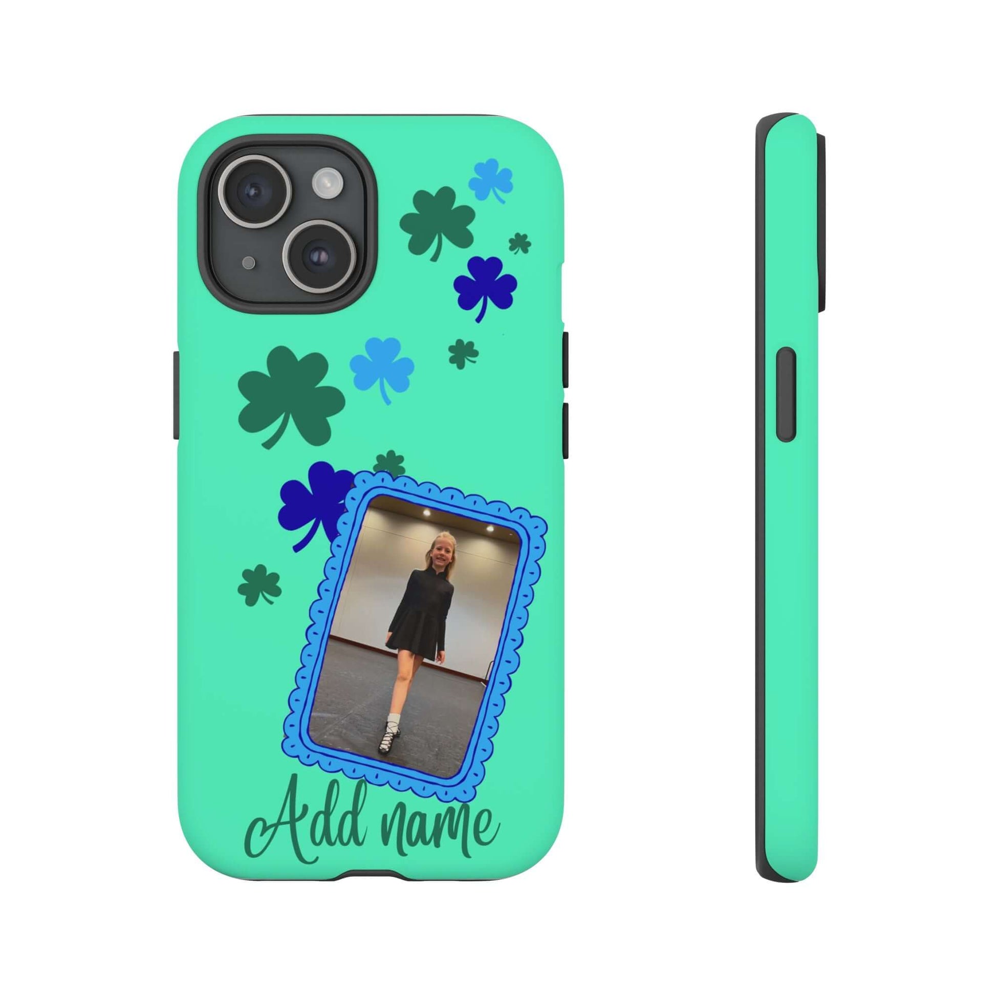 Personalized shamrock phone case combines playful design with durability. Add your name & picture for a unique touch!