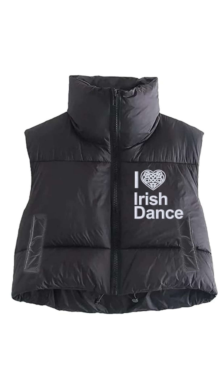I Heart Irish Dance Women's Cropped Puffy VestStay warm and stylish with our I Heart Irish Dance Women's Cropped Puffy Vest. Made with lightweight and soft fabric, it features warm cotton padding and a full zipper with a stand collar. The adjustable draws