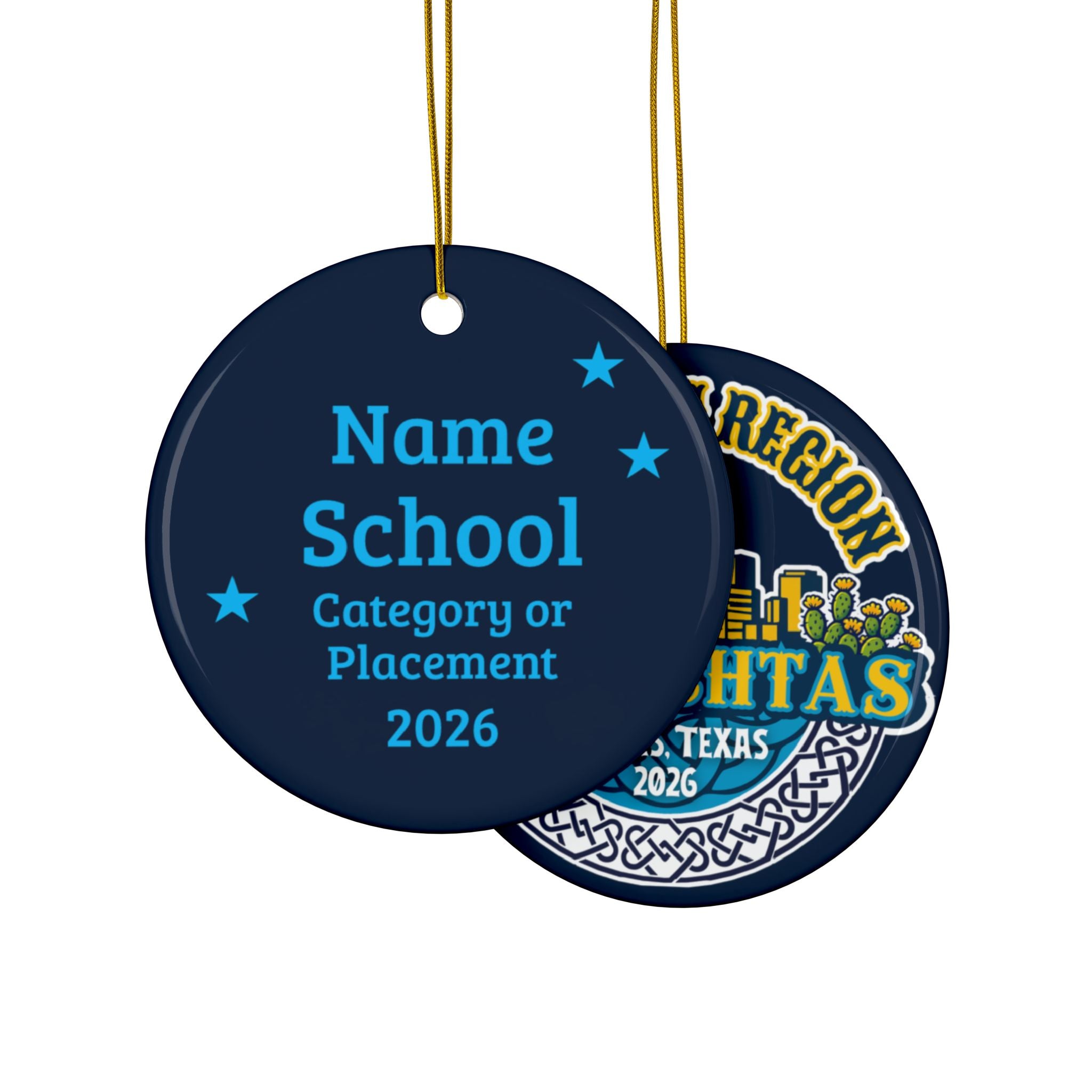Southern Region Oireachtas 2026 round ceramic ornament with gold hanging string