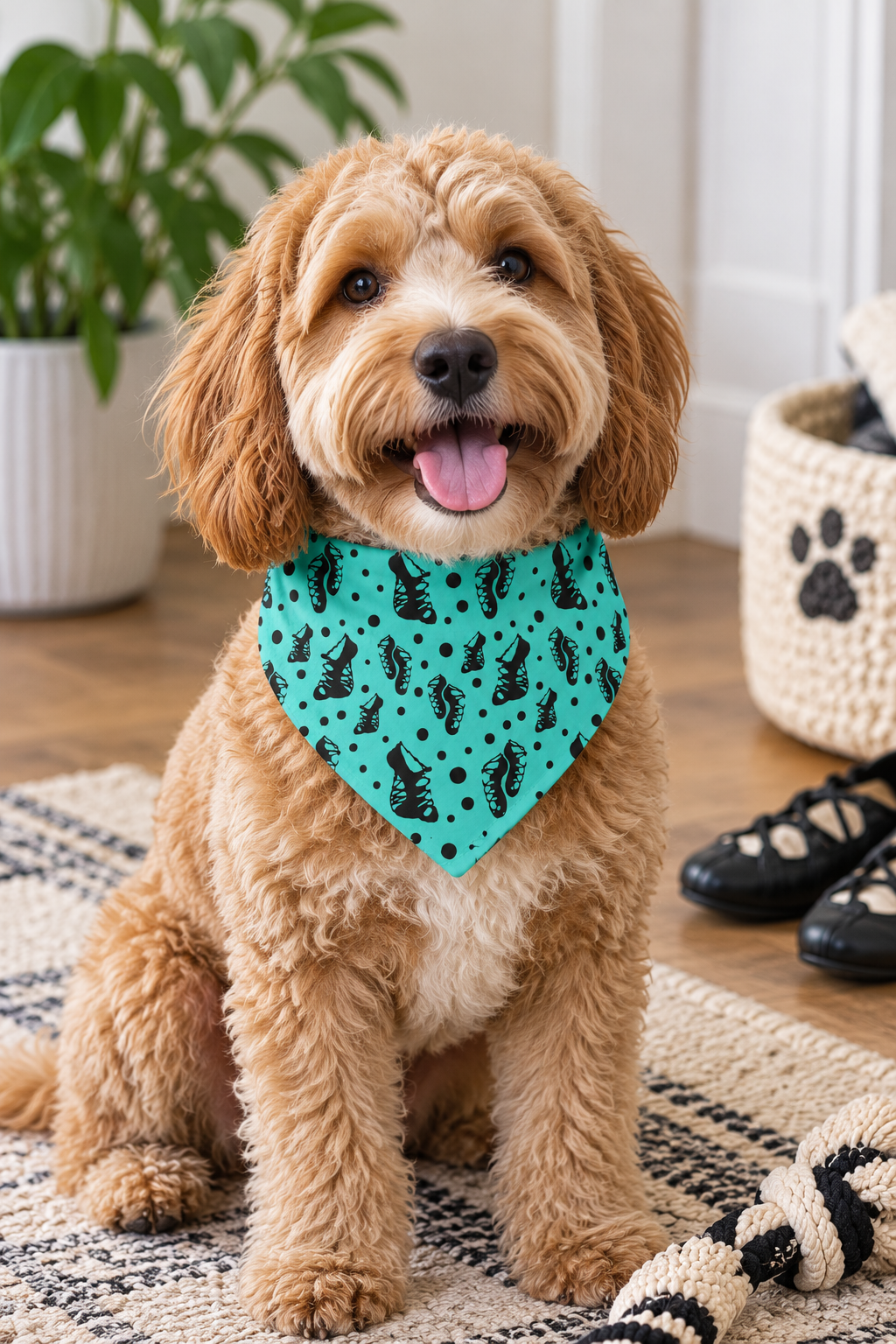 Doodle dog wearing a turquoise Irish dance soft shoe pet bandana, Irish dance pet accessory