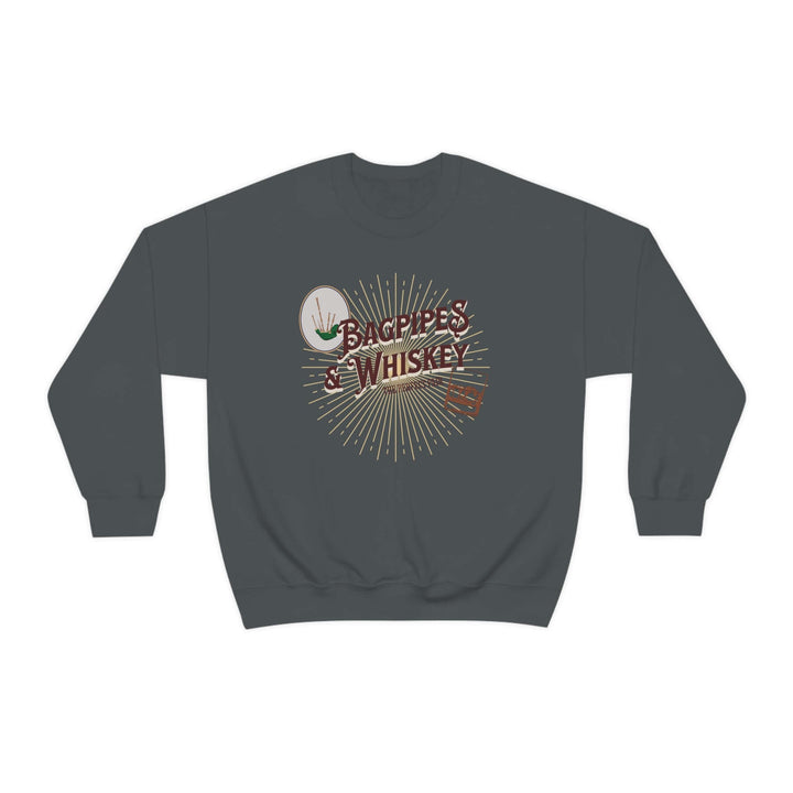 Retro sweatshirt with the phrase bagpipes and whiskey in vintage font.  There are bag pipes and a whiskey glass as well as the phrase a perfect pair on this soft sweatshirt. Perfect for bagpiper or whiskey lover