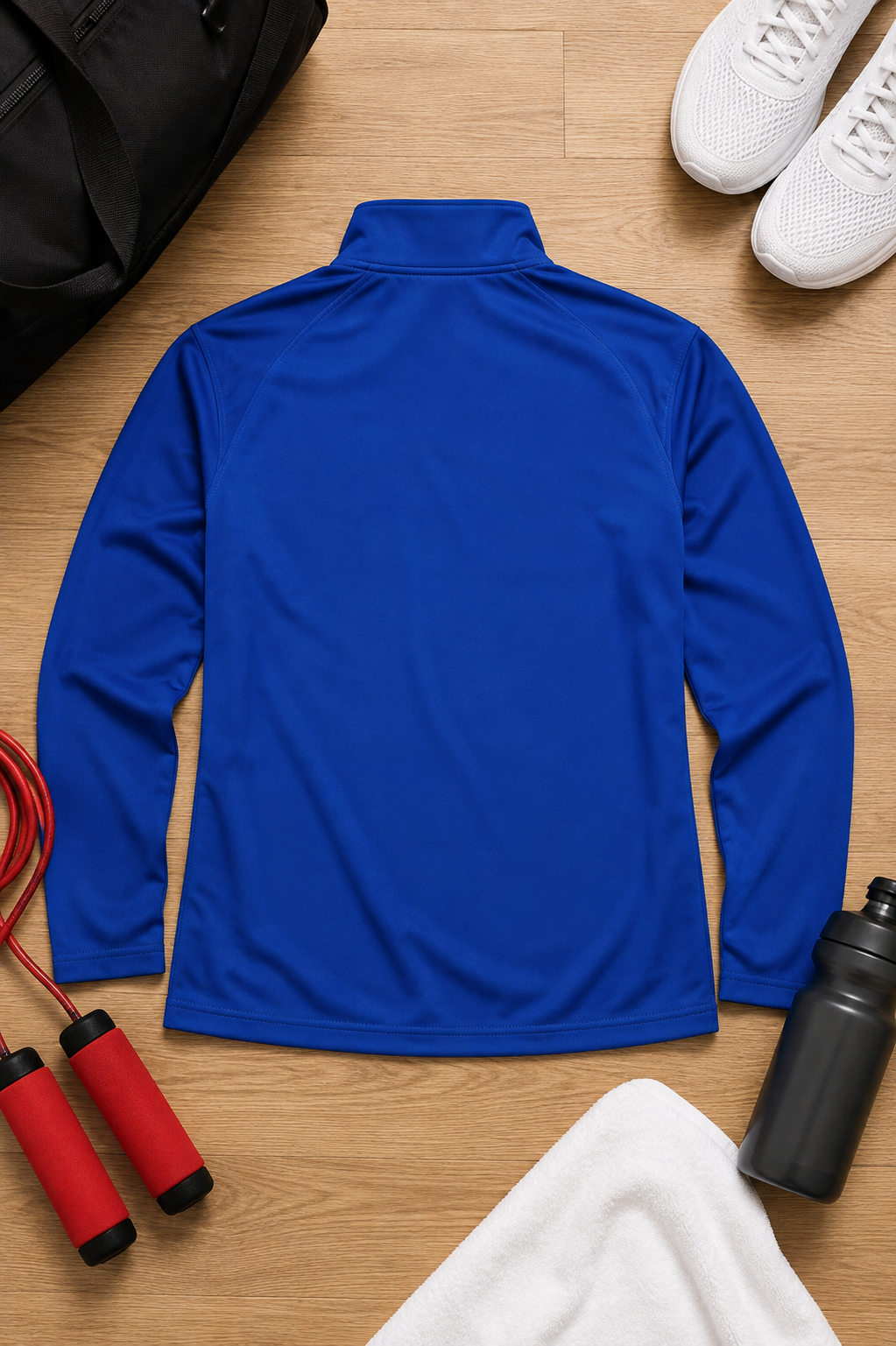 A royal blue long-sleeve athletic quarter-zip top shown from the back, laid flat on a light wood floor with fitness props including white sneakers, a black duffel bag, a red jump rope, a black water bottle, and a white towel.