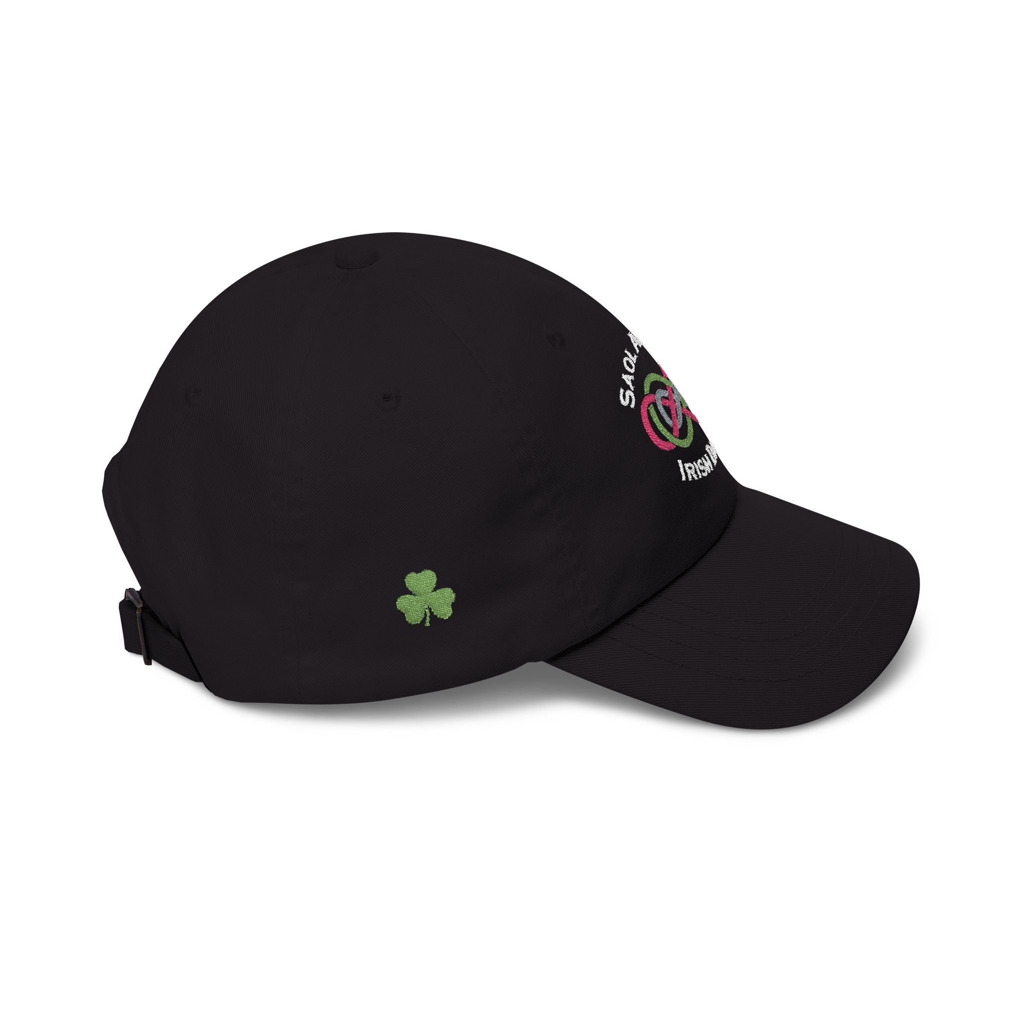Black cap with a brand logo on a white background