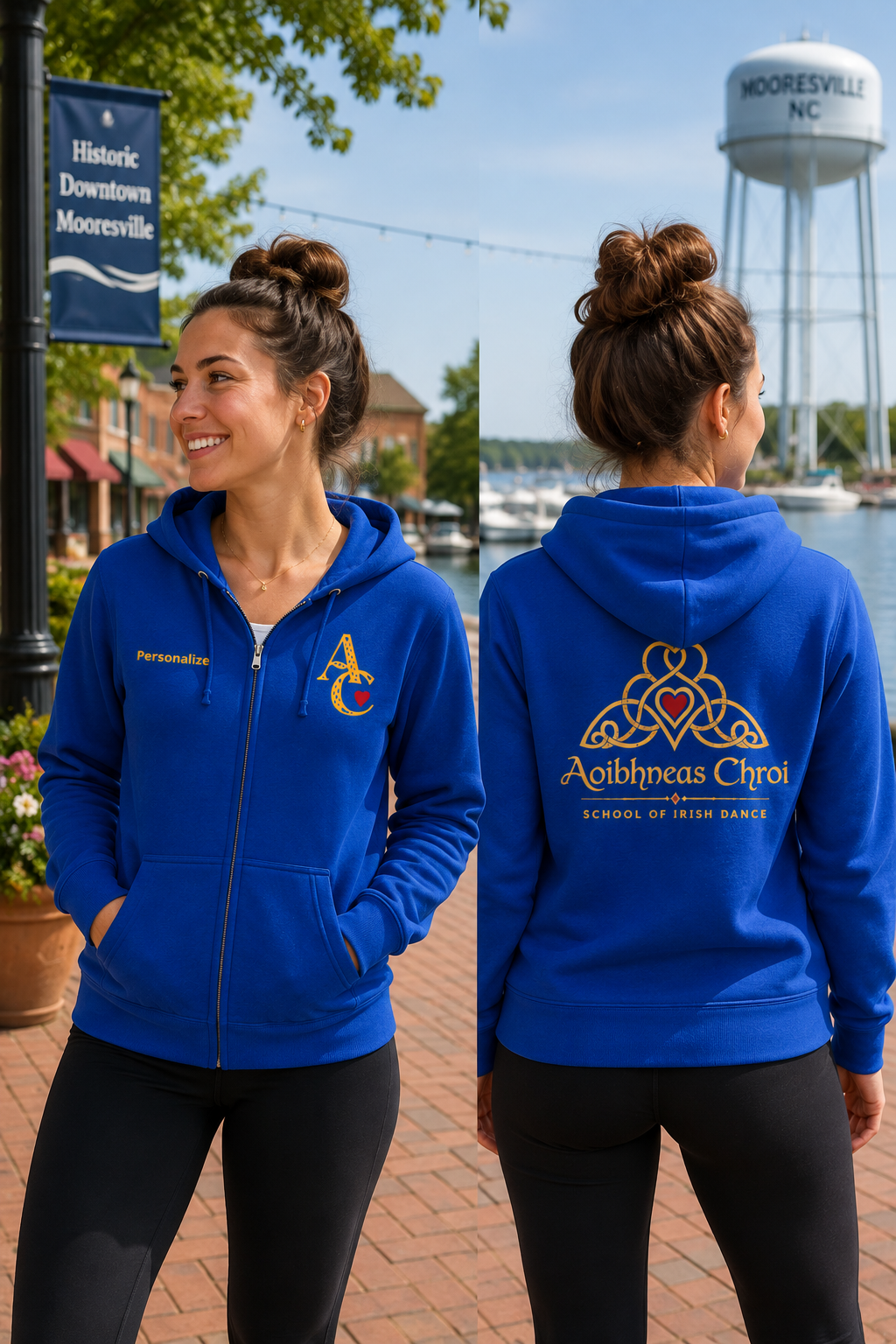 A woman modeling a royal blue zip-up hoodie in front of a waterfront backdrop, shown from both the front and back. The front features a small embroidered logo on the left chest, and the back displays a large gold and red Celtic knot design with the text 'Agathnea Chori' and 'School of Irish Dance'.