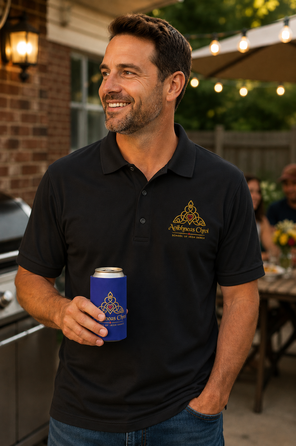 A smiling man wearing a black polo shirt with a gold and blue 'Aoibhneas_Chroi' logo, holding a blue can in a backyard setting.