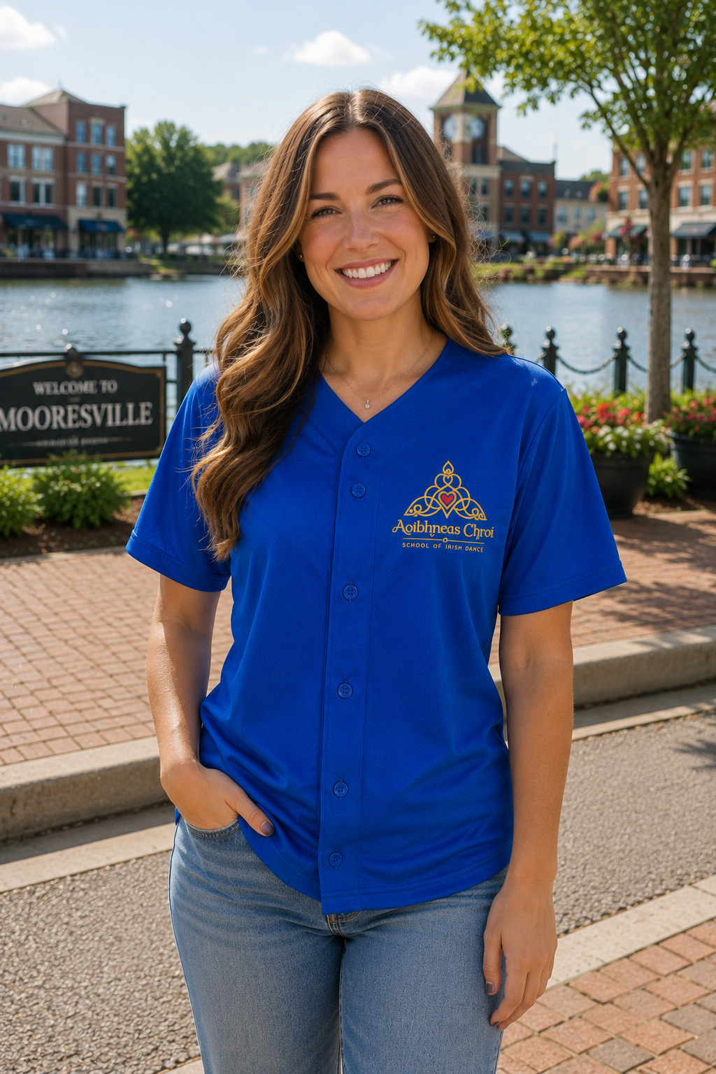 A woman wearing a royal blue V-neck button-up shirt with a gold triangular graphic and 'Auditorium Stage' text, standing outdoors in front of a waterfront town scene.