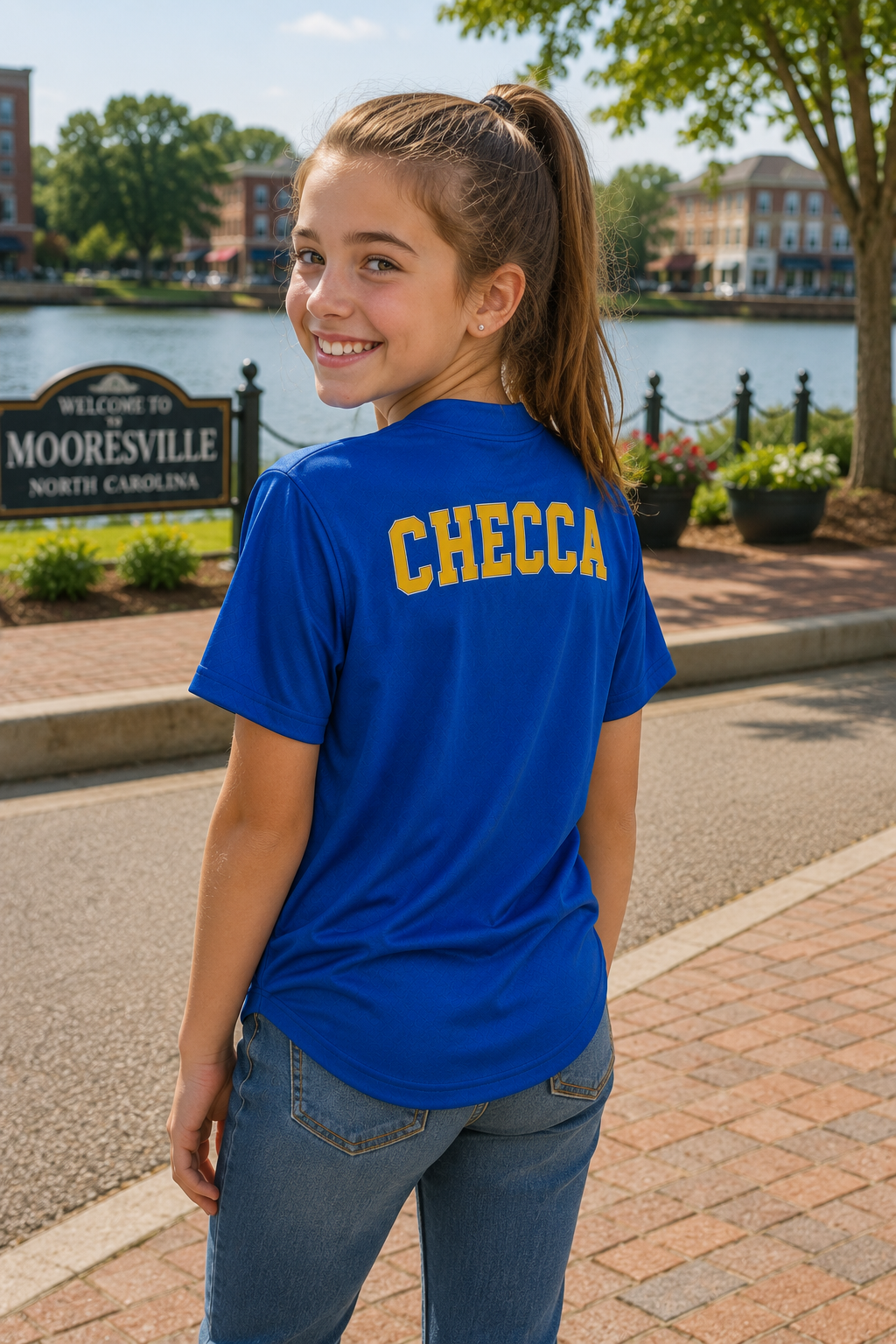 A young girl with her hair in a ponytail stands outdoors on a brick sidewalk near a lake, wearing a bright blue t-shirt with 'CHECCA' printed in yellow across the back, paired with blue jeans.