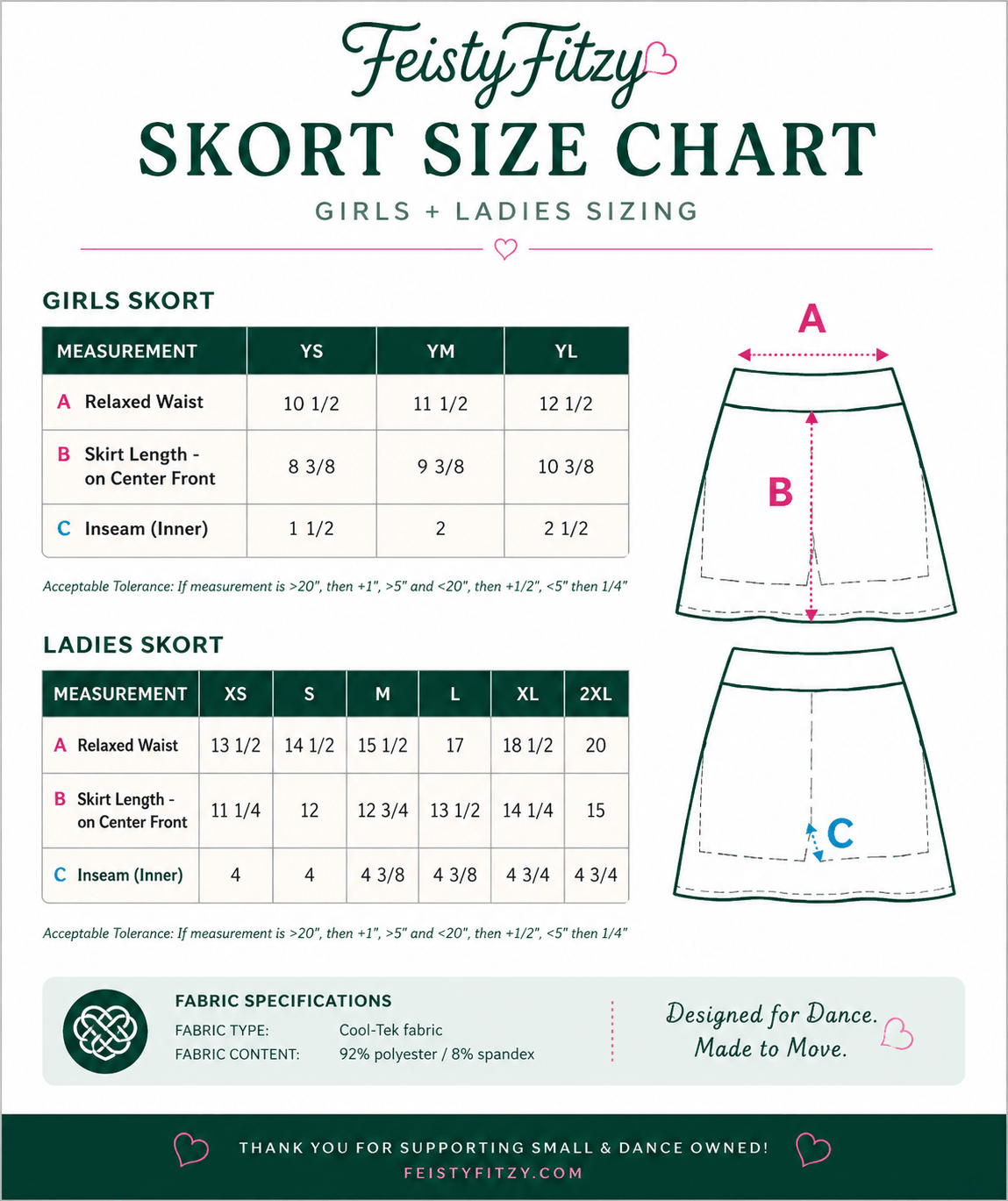A digital size chart and measurement guide for the Feisty Fitzy Skort, showing front and back views with labeled measurements A, B, and C, plus tables for Girls and Ladies sizing and fabric specifications.