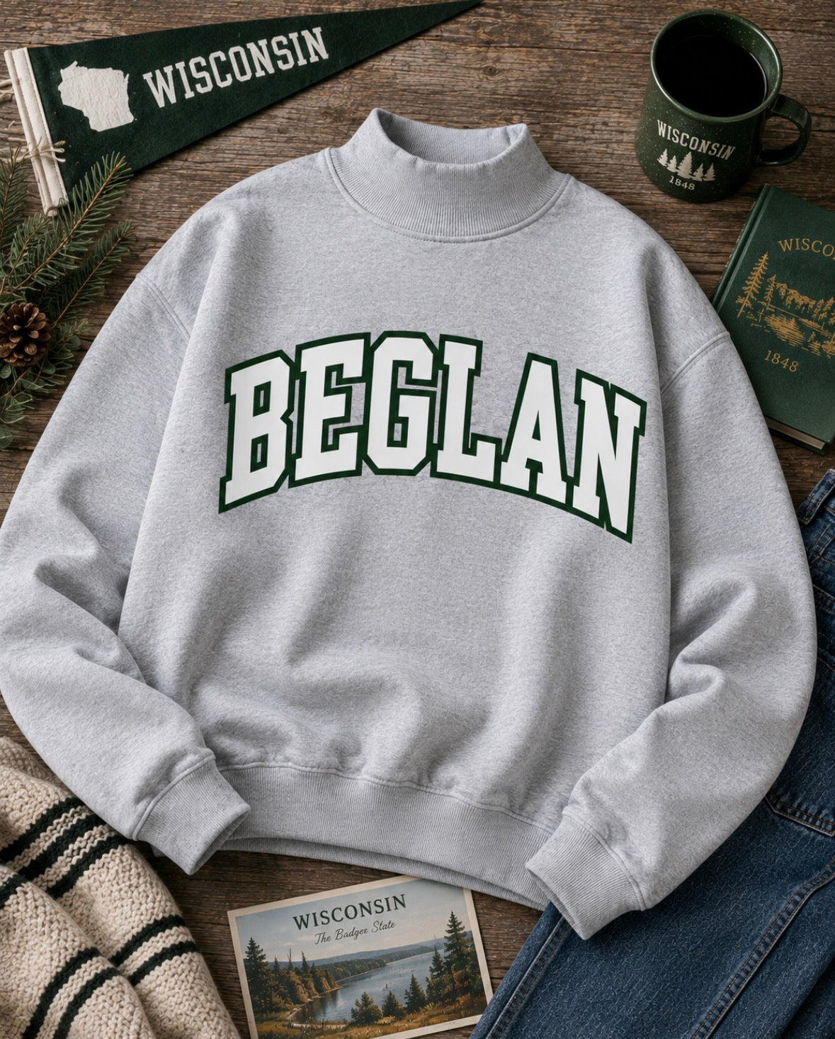 A light gray mock-neck sweatshirt with 'BEGLAN' printed across the chest in white varsity letters with a dark green outline. The sweatshirt is styled in a flat-lay arrangement on a rustic wooden background with a green 'WISCONSIN' pennant, a green mug, a green book, a landscape card, and blue jeans.