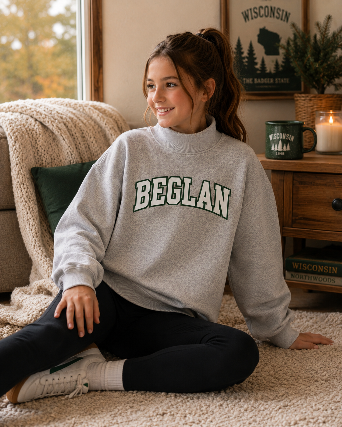A woman sitting on a beige carpet in a cozy room, wearing a light gray mock-neck sweatshirt with 'BEGLAN' printed across the chest in dark green varsity lettering.