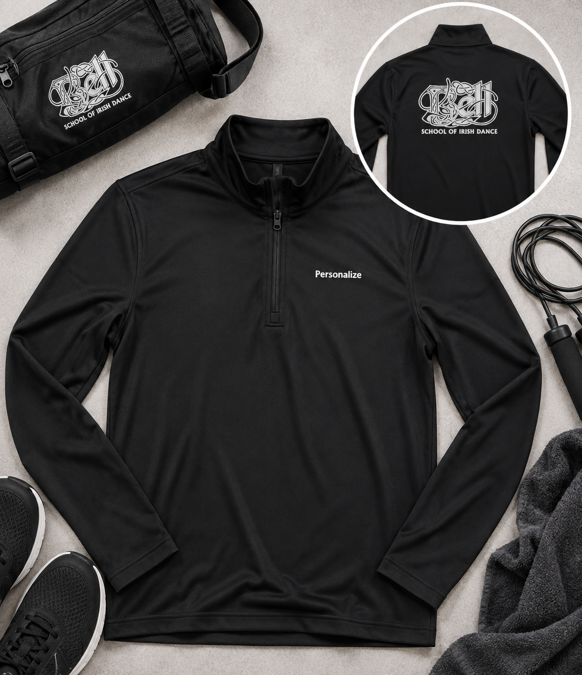 A black long-sleeve quarter-zip athletic pullover laid flat on a light gray surface, with a small white 'Personalize' text on the left chest. A circular inset shows the back of the same garment with a large white crest-style logo reading 'SCOUTS OF HIGH SCORE'.