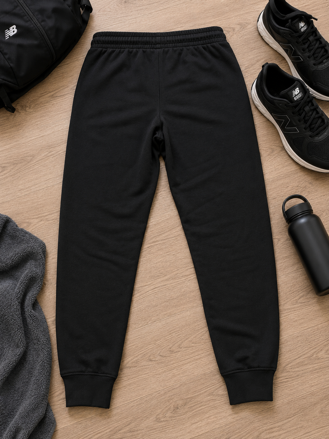 Black jogger sweatpants laid flat on a light wood floor, surrounded by black sneakers, a black backpack, a gray towel, and a black water bottle.