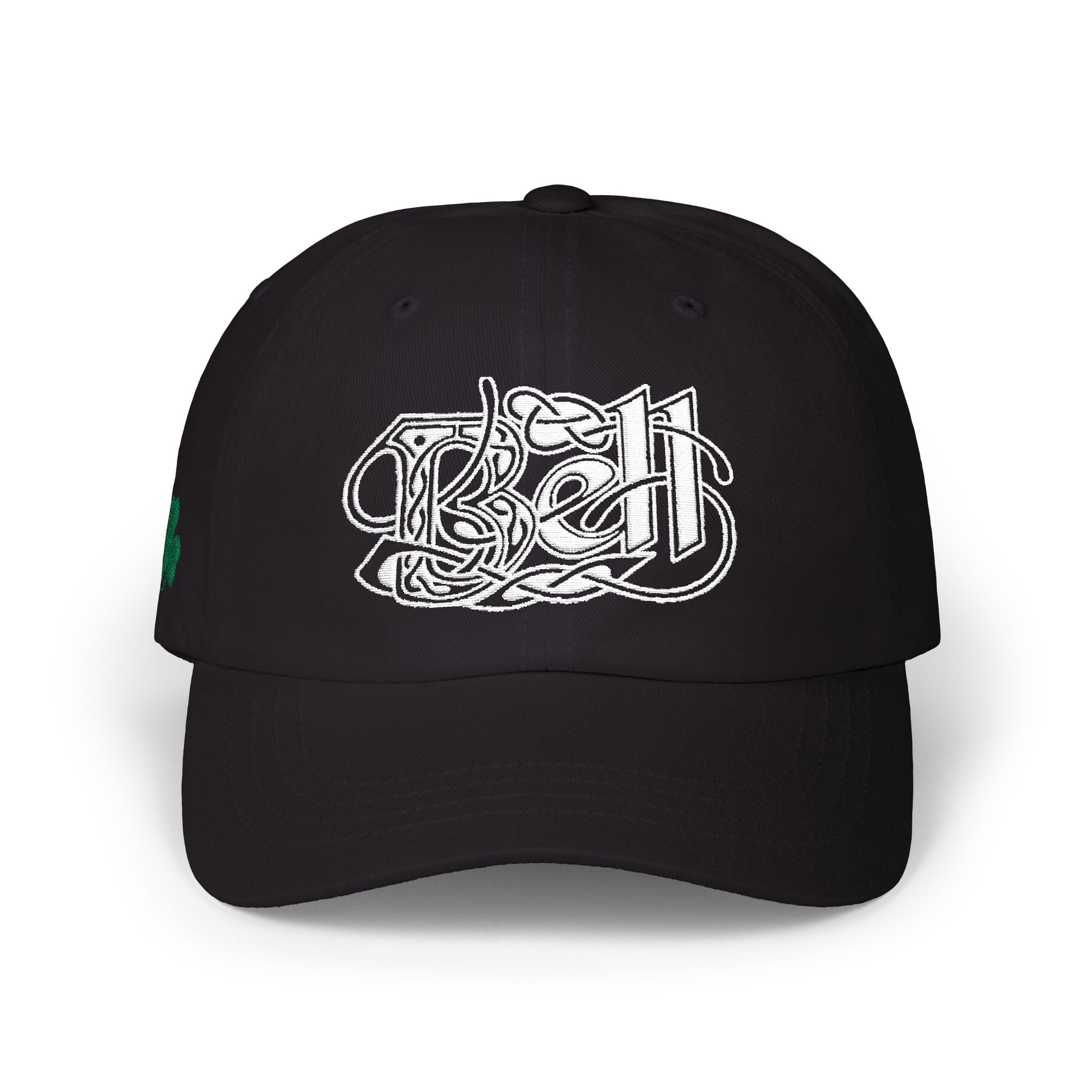 Black cap with a car and mountain design on a white background