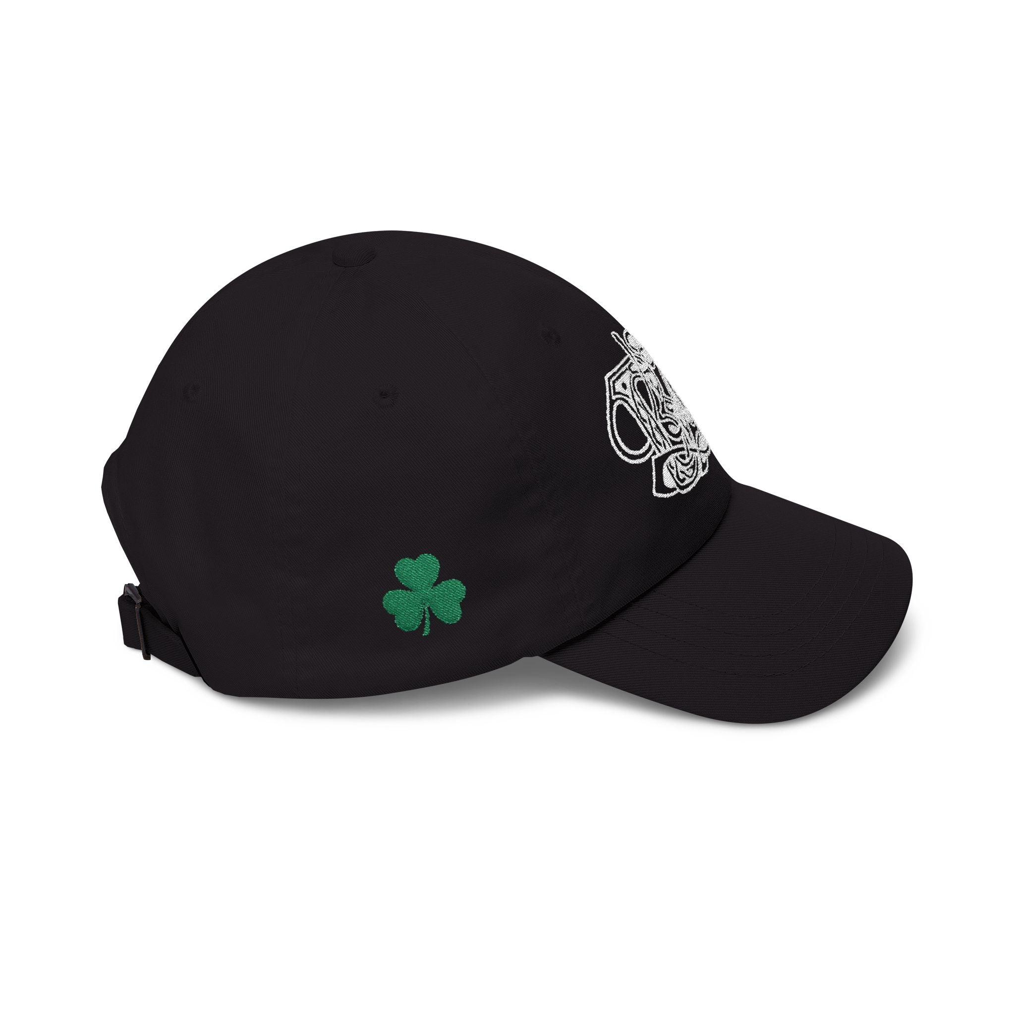 Black cap with a yellow logo on a white background