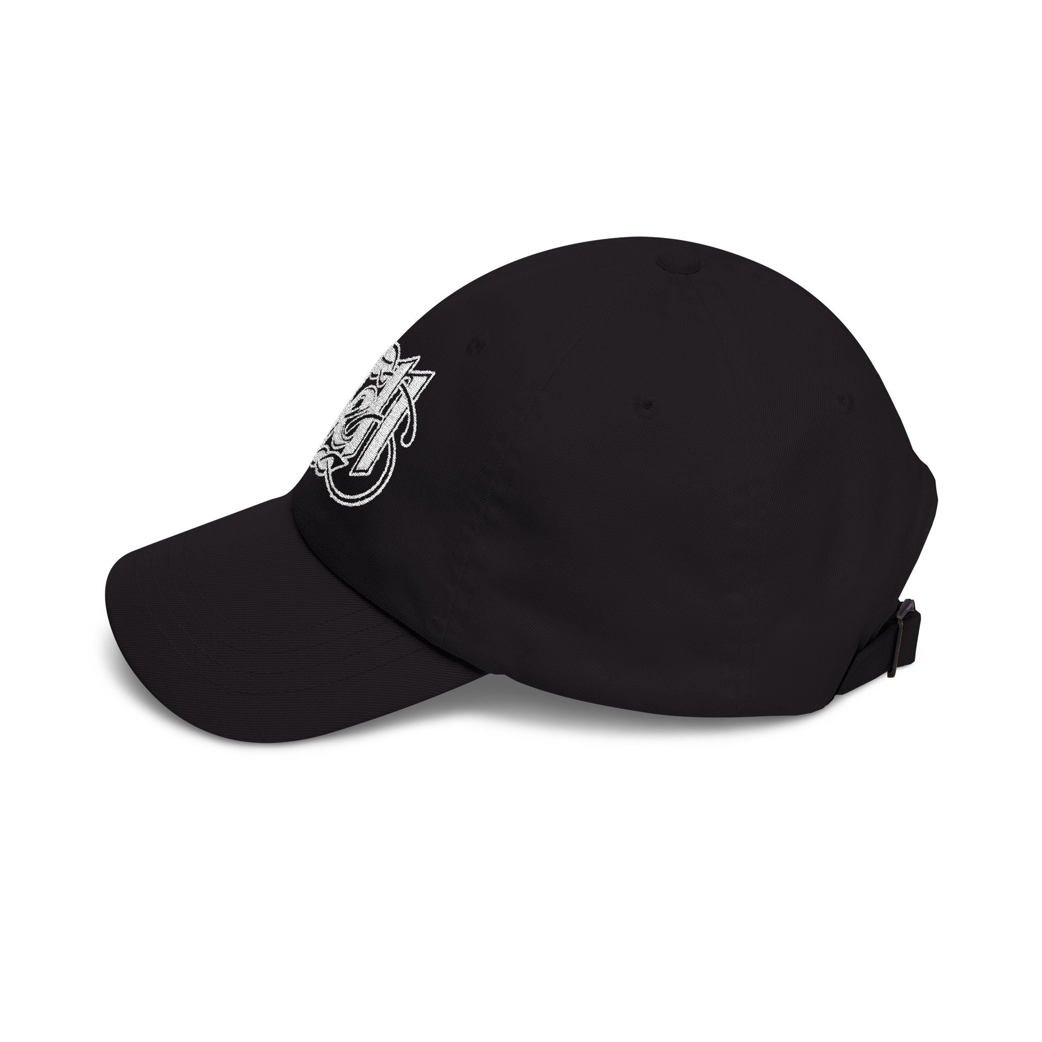 Black cap with white text on a white background