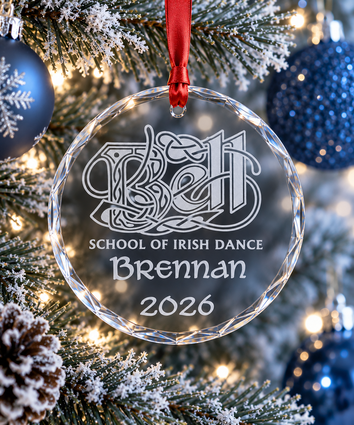 Bell School personalized crystal glass Christmas ornament with ribbon