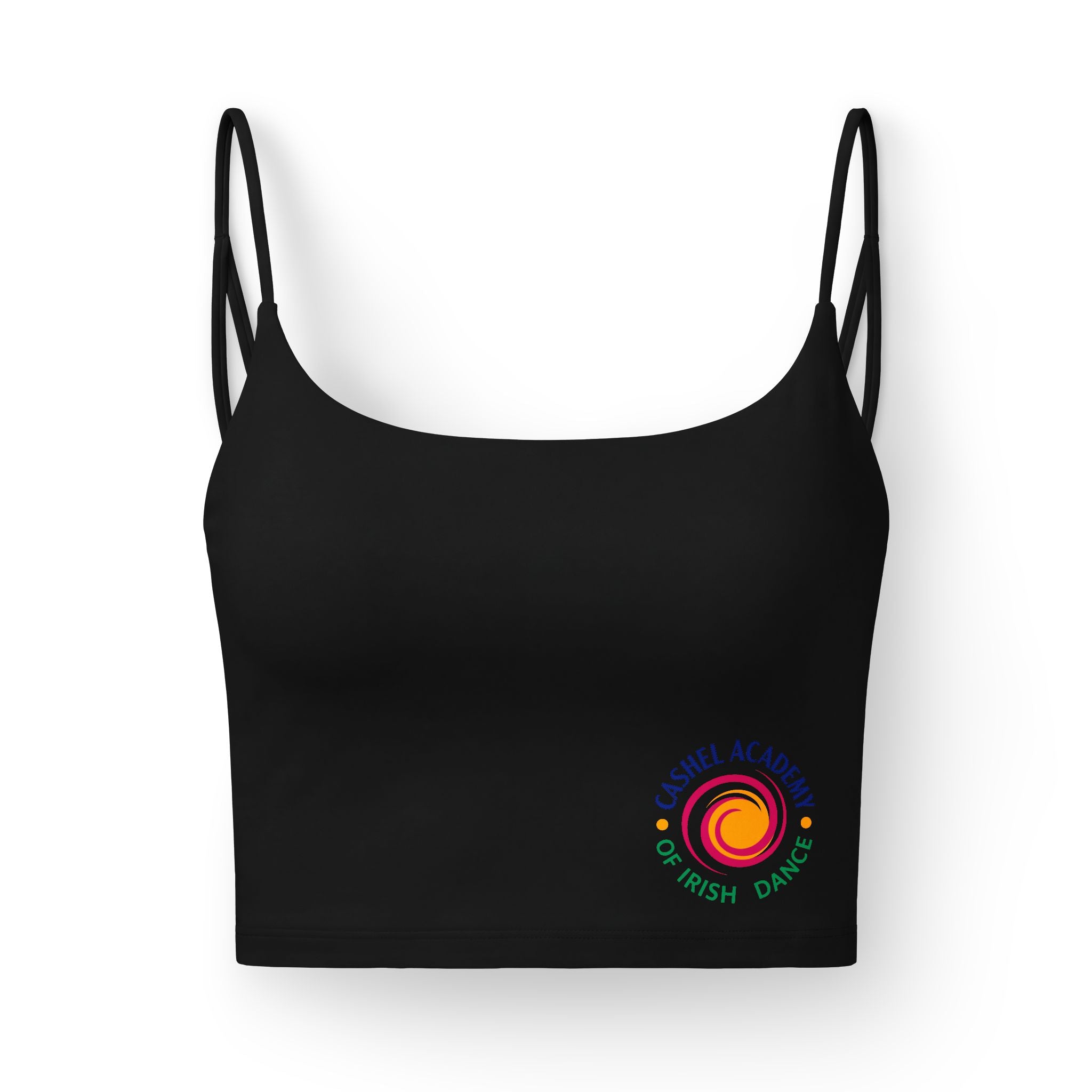 A black spaghetti-strap crop top with a colorful circular graphic on the lower right side that reads 'Cashel Academy of Irish Dance' in blue, yellow, orange, and green.