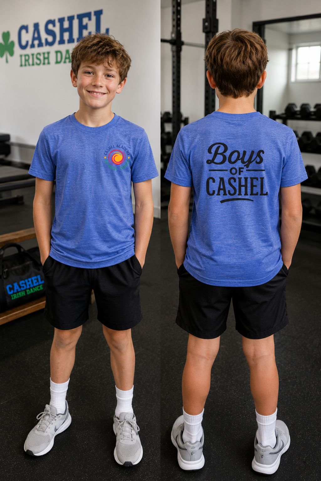 A boy modeling a heather blue graphic t-shirt in a gym, showing both the front and back views. The front features a small circular multicolor logo on the left chest, and the back features 'Boys of CASHEL' printed in black script and block lettering.