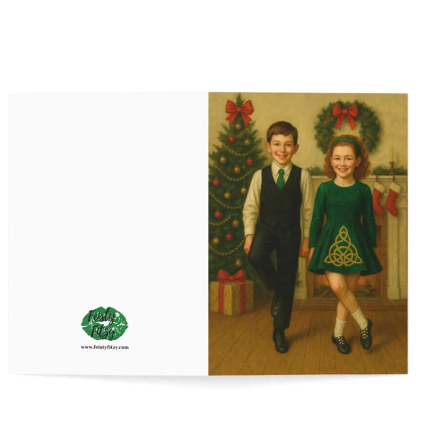 Irish dance Christmas card, holiday greeting card for Irish dancers, feis holiday card, Celtic Christmas card, Irish dance teacher gift, stationery for Irish dance families, Oireachtas card, Christmas card with Irish dancers, cultural holiday card, Irish dance school merchandise, premium Christmas card for dancers, holiday jig card