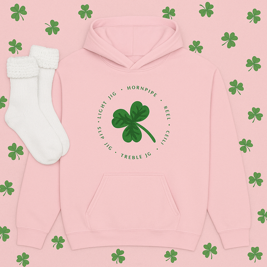 Youth Irish Dance Hoodie - Lucky Shamrock surrounded by Irish Dances