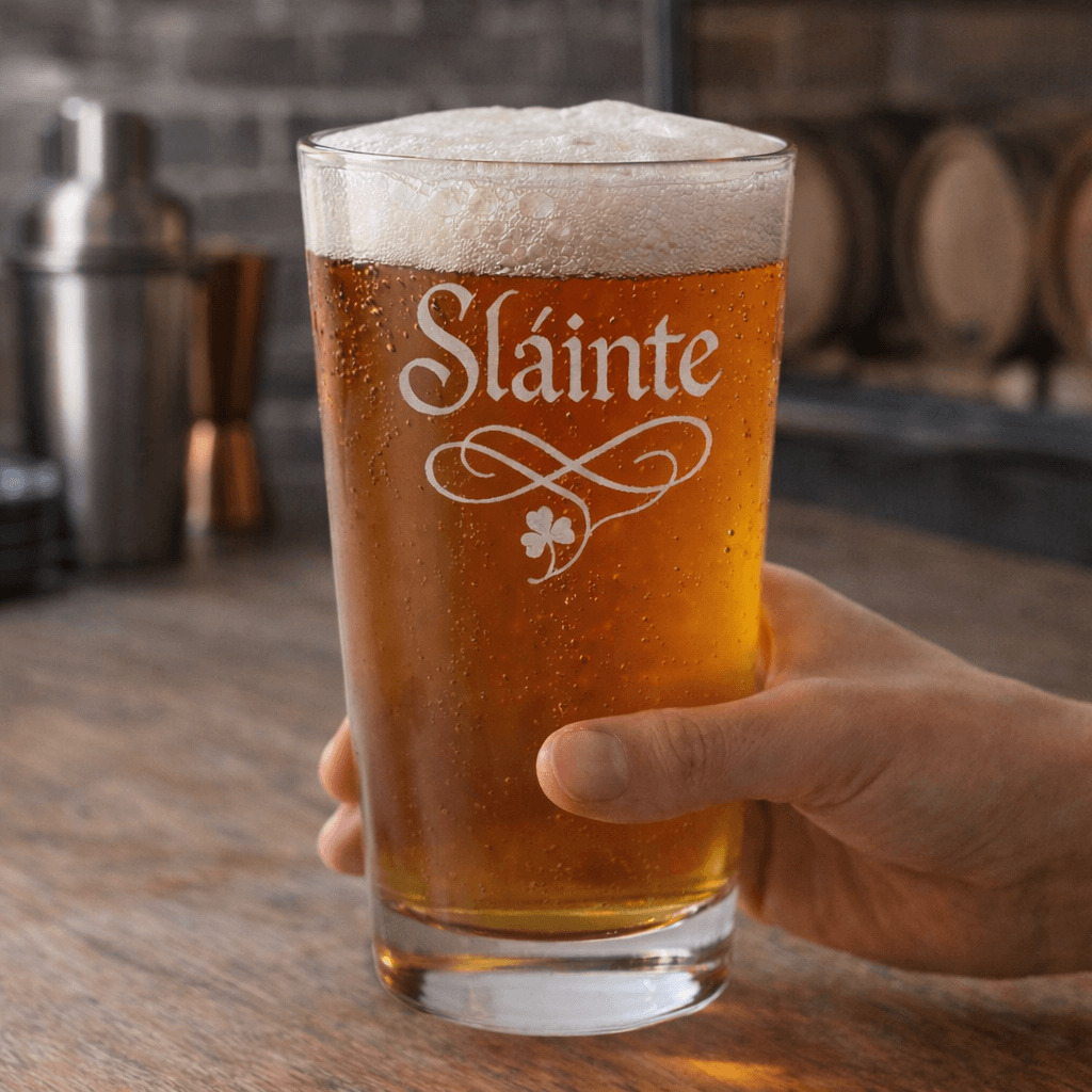 Slainte Beer Glass - Engraved 16oz Pint with Shamrock,