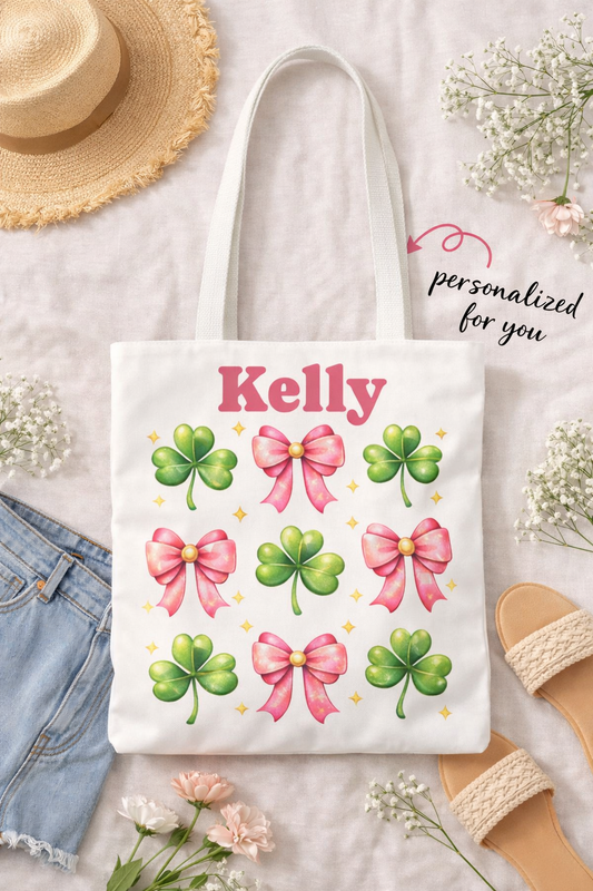 Pink Ribbon and Shamrock Pattern Tote Bag | Personalized Name Option