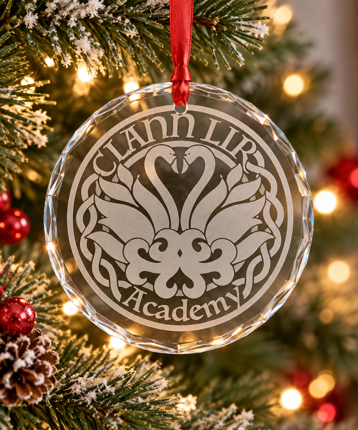 Clann Lir Academy crystal Christmas ornament on a tree - Irish dance gift