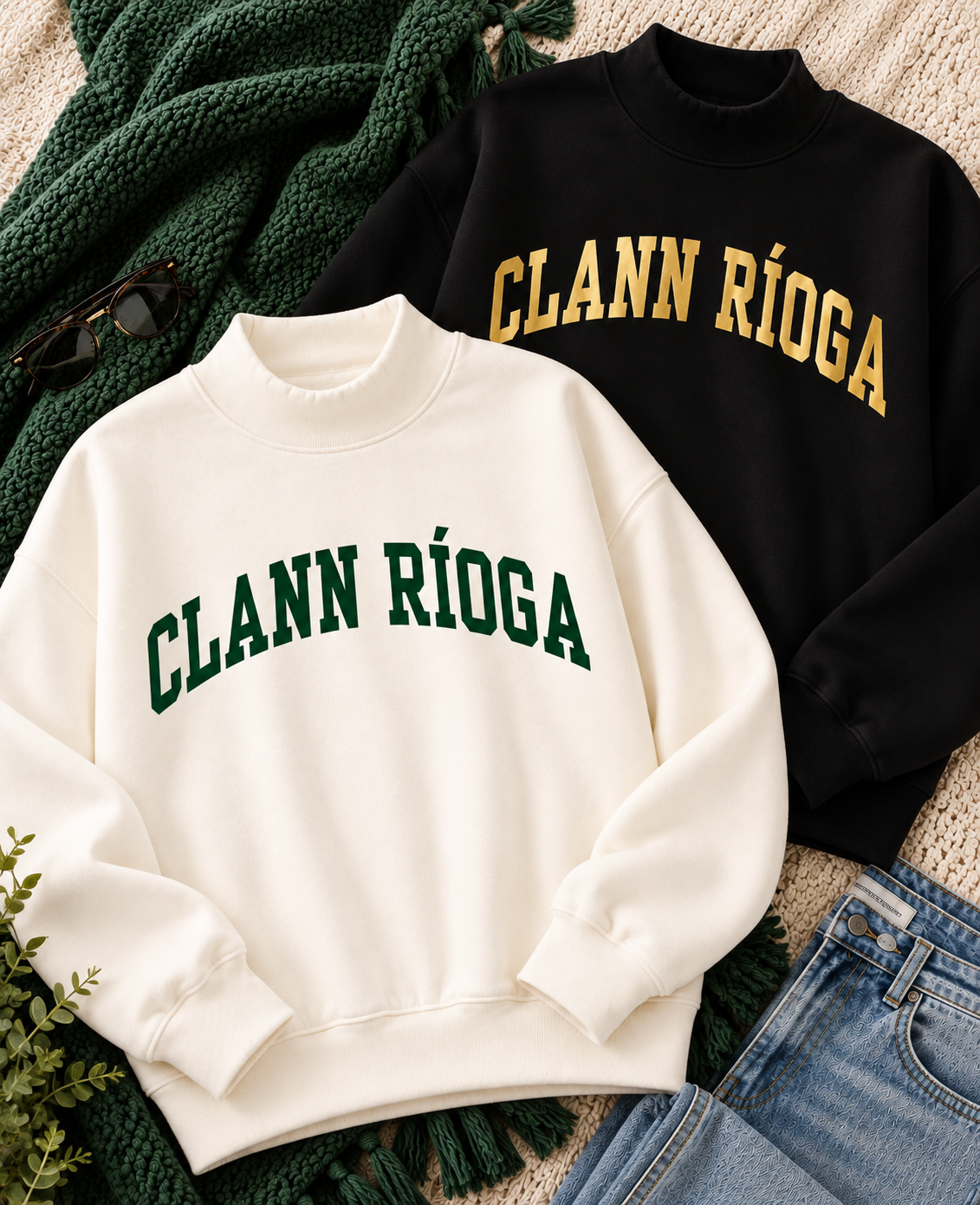 Clann Ríoga mockneck sweatshirts in black and ivory, Irish dance school apparel