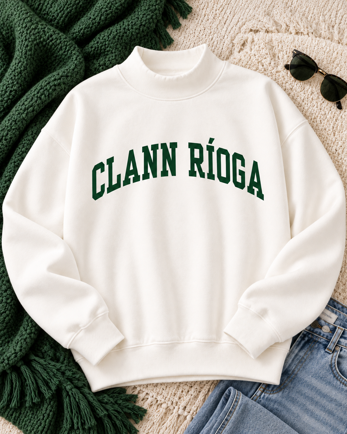 Clann Ríoga mockneck sweatshirt with varsity lettering, Irish dance school spirit wear